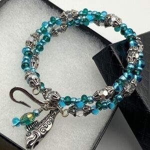 Memory Wire Bracelet Beaded Wrap Around Fish and Hook Charm Boho Coil Bracelet